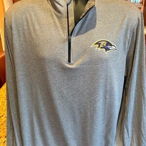 NFL Baltimore Raven’s men’s Quarter-Zip pullover. Sharp grey w/logos front/back